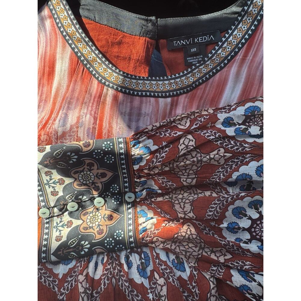 Anthropologie Dress Womens XXS Orange Silk Paisley Boho Western Tanvi Kedia - Picture 2 of 2